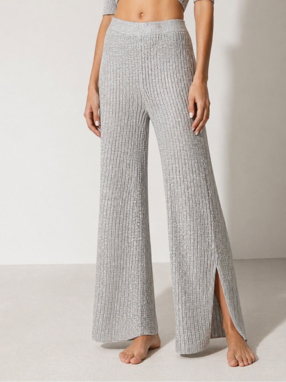 SOLID & STRIPED Metallic Knit Wide Leg Pants Womens XS Silver